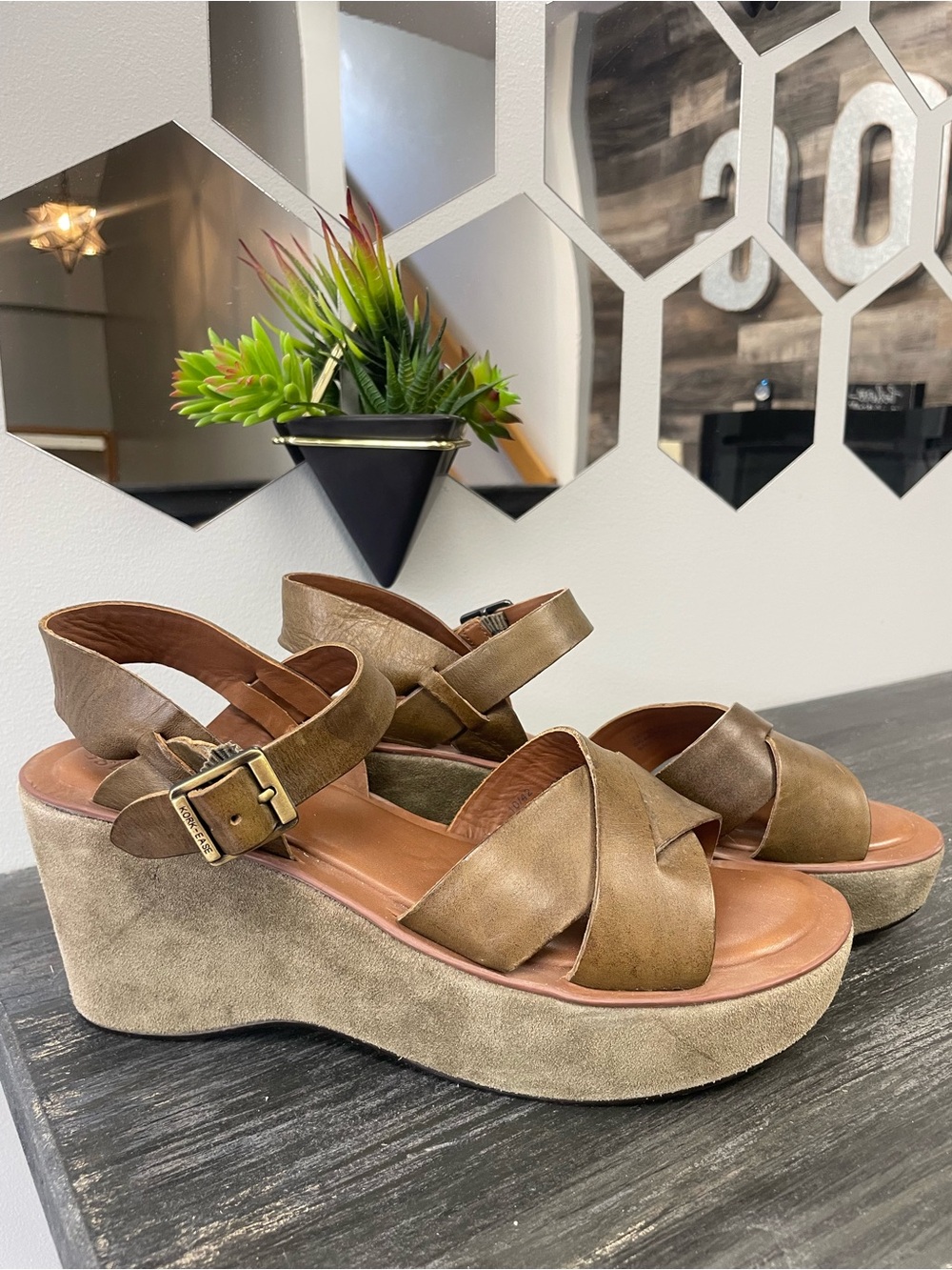 Kork-Ease Olive Brown Cross-Strap Wedge Sandals